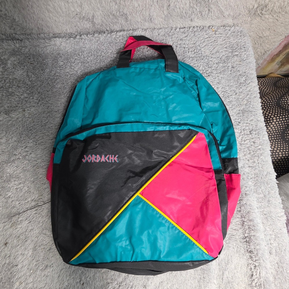 Jordache Nylon Backpack Teal Pink Black Colorblock Retro 80s‎ Vintage Excellent